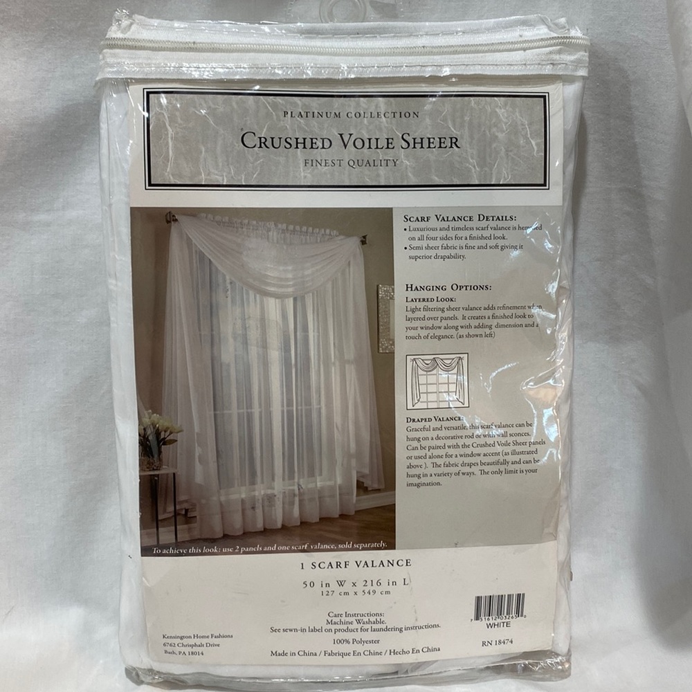 Kensington Home ~ Crushed Voile Scarf Valance 50"x 216" ~ White